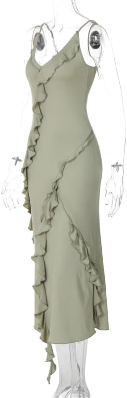 Elegant green V-neck A-line spaghetti strap ruffled chiffon bridesmaid dress evening gown TP2083