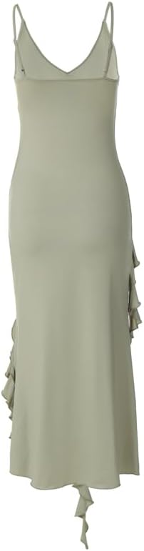 Elegant green V-neck A-line spaghetti strap ruffled chiffon bridesmaid dress evening gown TP2083