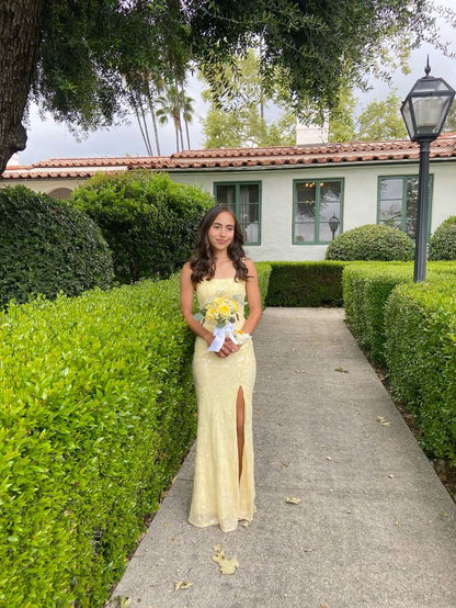 Elegant Yellow Spaghetti Strap Sleeveless Slit Mermaid Ball Gown Bridesmaid Dress TP2097