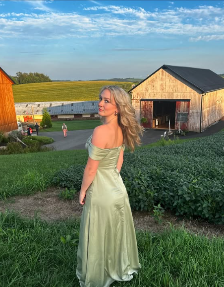 Simple satin green off-shoulder slit long prom dress bridesmaid dress TP2236