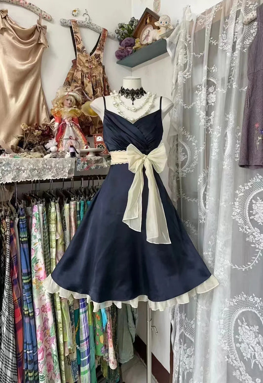 Strap Dark Blue Bow Satin A-Line Party Dress Homecoming Dress TP2331