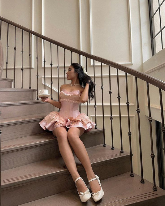 18th Birthday Sweet Pink Strapless Sweetheart Neck Lace Silk Satin Mini Birthday Dress Homecoming Dress TP2358