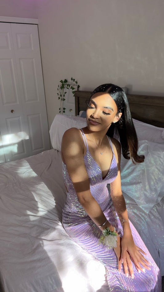 Sparkling Purple Straps V Neck Sequin Floor Length Prom Dress Bridesmaid Dress TP2360