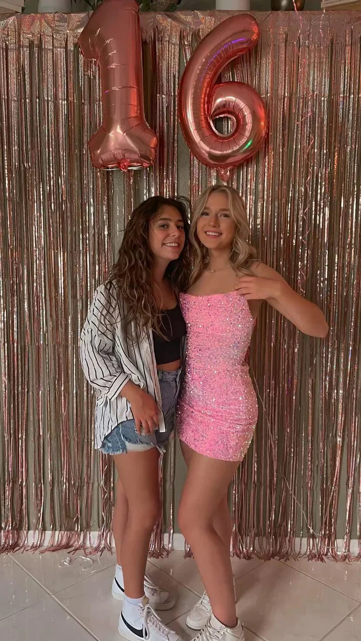 Sparkling Halter Neck Pink Sequin Backless Short Birthday Party Dress Homecoming Dress TP2483