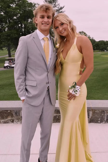 Elegant light yellow off-shoulder V-neck mermaid backless long prom dress bridesmaid dress TP2612