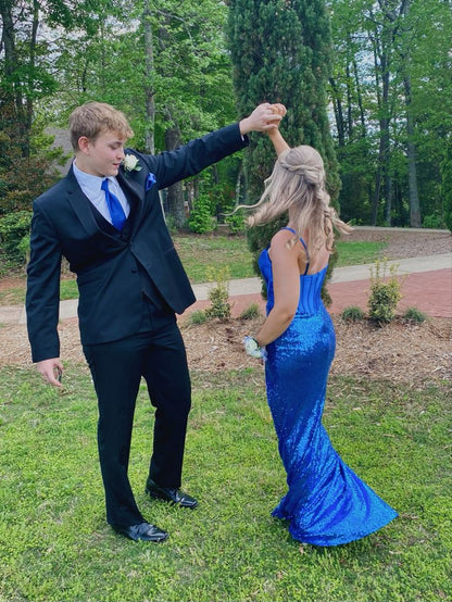 Classic Sapphire Blue Spaghetti Strap Slit Train Prom Dress Bridesmaid Dress TP2633