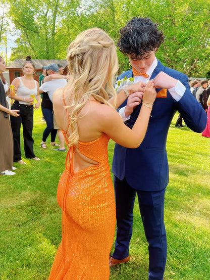 Gorgeous Orange V-neck Off-shoulder Sequin Mermaid Long Prom Dress Bridesmaid Dress TP2634
