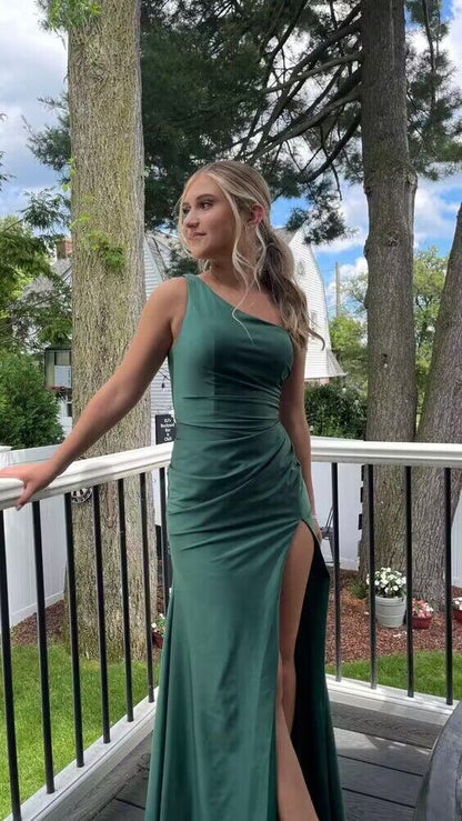 Simple One Shoulder Green Satin High Slit Mermaid Prom Dress Bridesmaid Dress TP2642