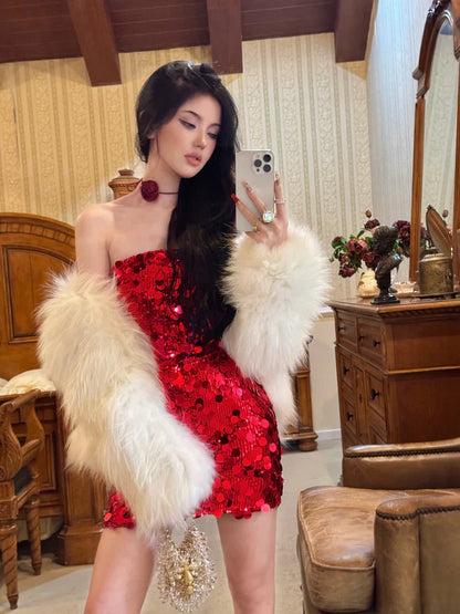 Sparkling Mermaid Off-the-shoulder Sequin Mini Party Dress Homecoming Dress TP2649