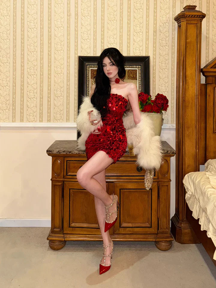 Sparkling Mermaid Off-the-shoulder Sequin Mini Party Dress Homecoming Dress TP2649