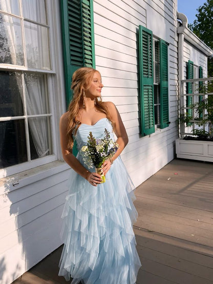 Elegant Blue Strapless Sweetheart Neck A-Line Tulle Long Prom Dress Bridesmaid Dress TP2677