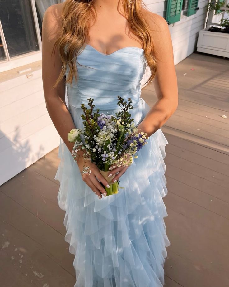 Elegant Blue Strapless Sweetheart Neck A-Line Tulle Long Prom Dress Bridesmaid Dress TP2677