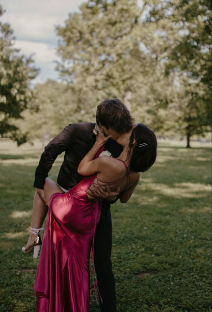 Strapless Simple V-neck Pink Satin Mermaid Slit Long Prom Dress Bridesmaid Dress TP2682