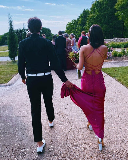 Strapless Simple V-neck Pink Satin Mermaid Slit Long Prom Dress Bridesmaid Dress TP2682