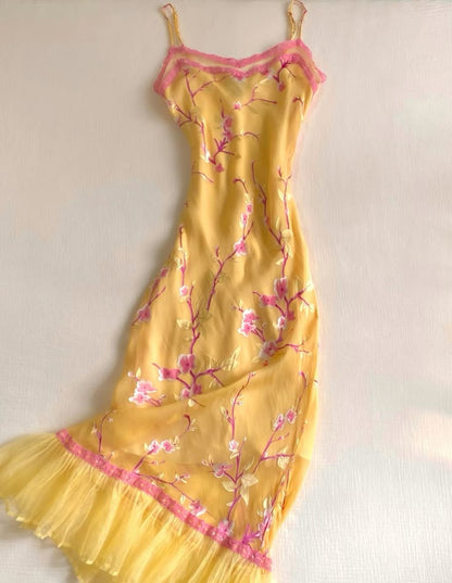Vintage Yellow Halter Printed Chiffon Mermaid Prom Dress Evening Dress TP2683