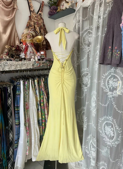 Vintage Yellow Halter Neck Sequined Backless Mermaid Prom Dress Evening Dress TP2730