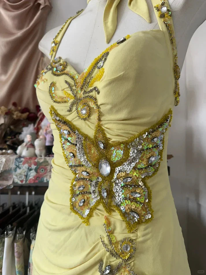 Vintage Yellow Halter Neck Sequined Backless Mermaid Prom Dress Evening Dress TP2730