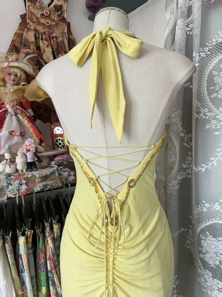 Vintage Yellow Halter Neck Sequined Backless Mermaid Prom Dress Evening Dress TP2730