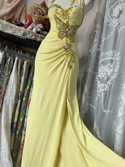 Vintage Yellow Halter Neck Sequined Backless Mermaid Prom Dress Evening Dress TP2730