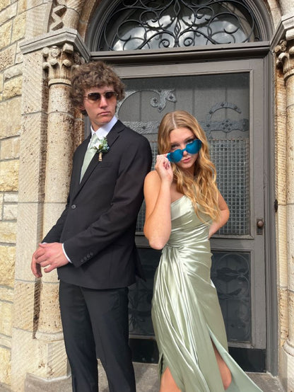 Simple one-shoulder green satin slit floor-length prom dress bridesmaid dress TP2777