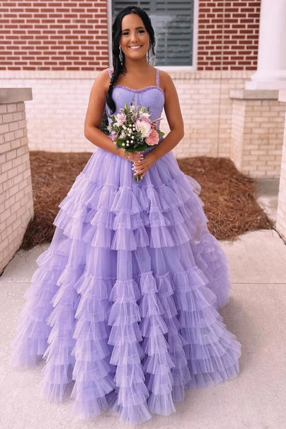 Tiered Ruffle Tulle Prom Dress Beaded Evening Dress Wp458