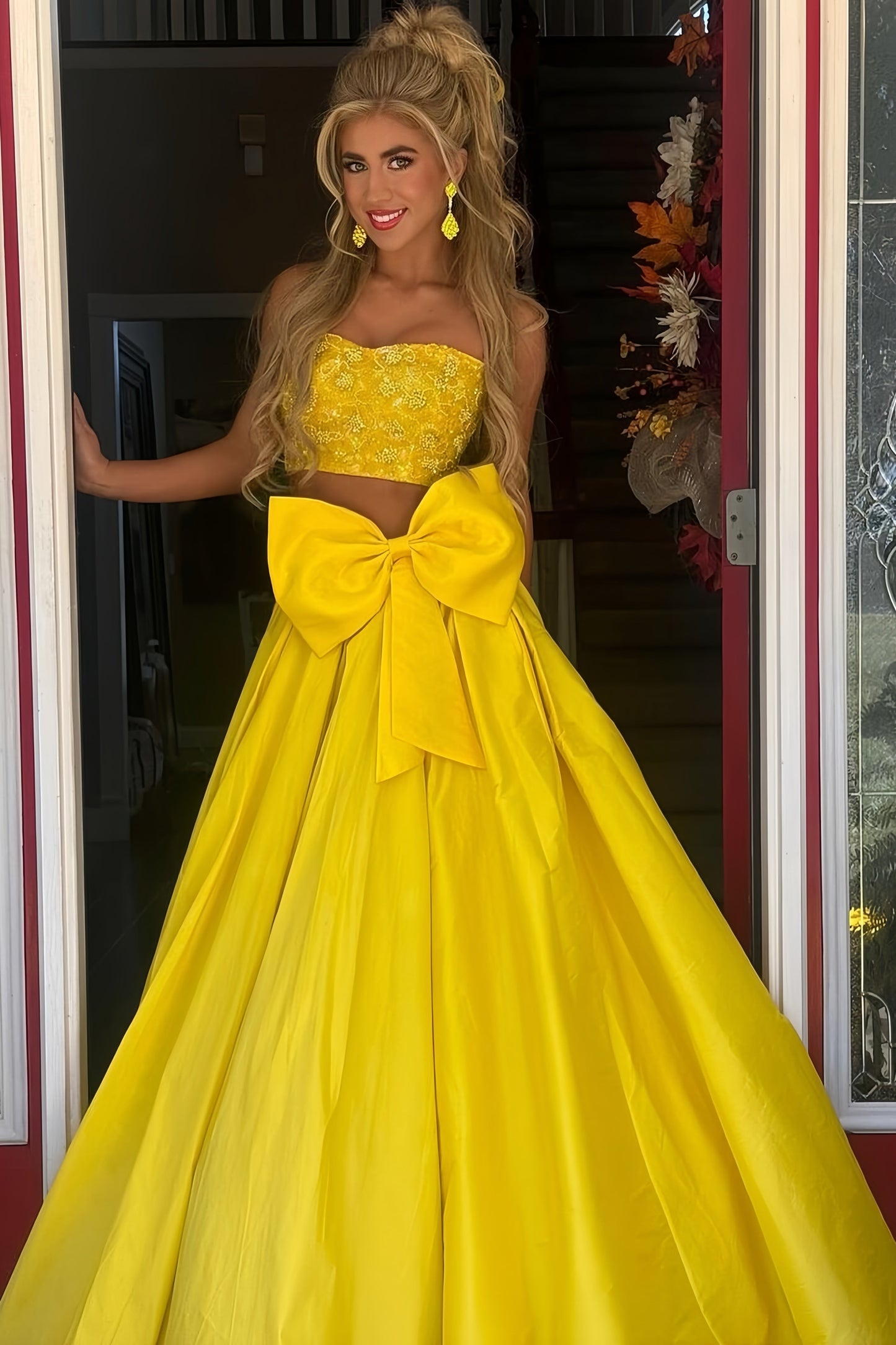Two Pieces Yellow Prom Dress, Beaded Evening Dress, AST1550