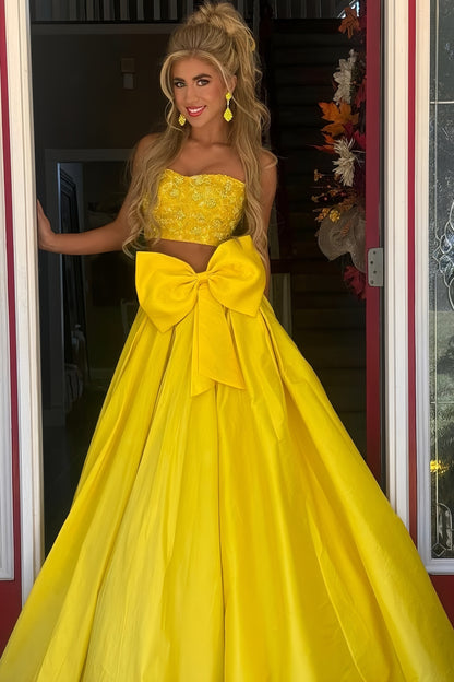 Two Pieces Yellow Prom Dress, Beaded Evening Dress, AST1550