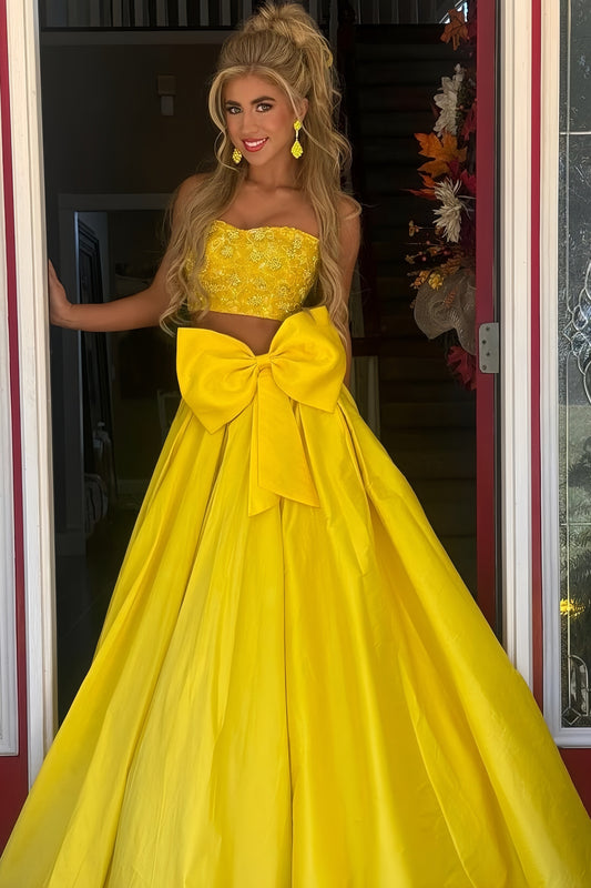 Two Pieces Yellow Prom Dress, Beaded Evening Dress, AST1550