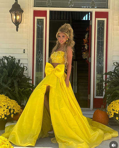 Two Pieces Yellow Prom Dress, Beaded Evening Dress, AST1550