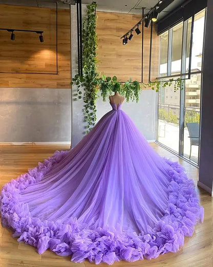 Purple gorgeous fashion V-neck beaded long tulle floor-length trailing ball gown prom dress evening gown wedding dress gh1803
