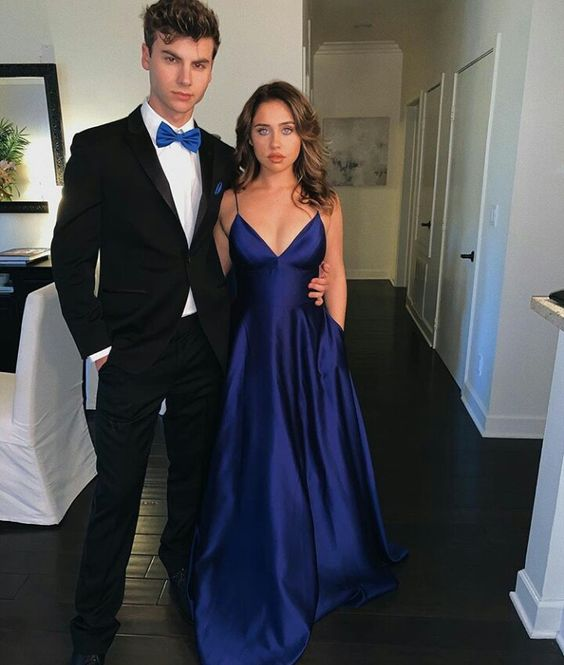 Dark Blue Satin Long Prom Dresses SH893
