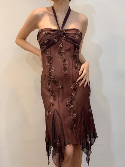 Vintage Sheath Halter Beaded Brown Chiffon Short Homecoming Dress Evening Dress SH2157