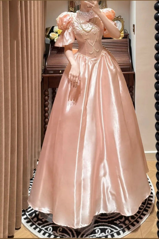 amakanas-Pink Exquisite Beaded Long Satin Princess Formal Prom Dress Graduation Dress Evening Dress gh5975