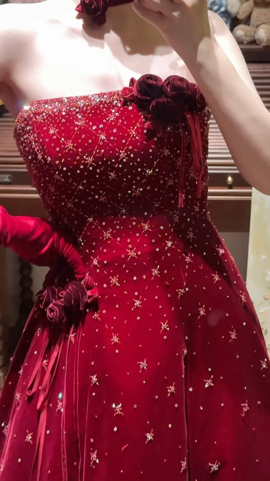 amakanas-Burgundy Exquisite Beaded Long Velvet Formal Prom Dress Graduation Dress Evening Dress gh5974