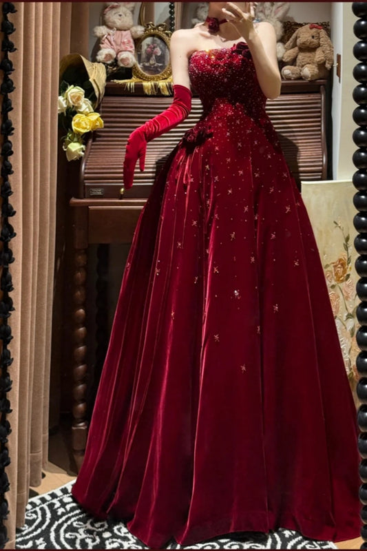 amakanas-Burgundy Exquisite Beaded Long Velvet Formal Prom Dress Graduation Dress Evening Dress gh5974