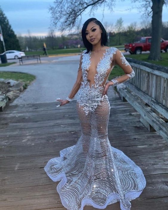 Sexy Silver Mermaid Prom Dress Formal Evening Dress SH983