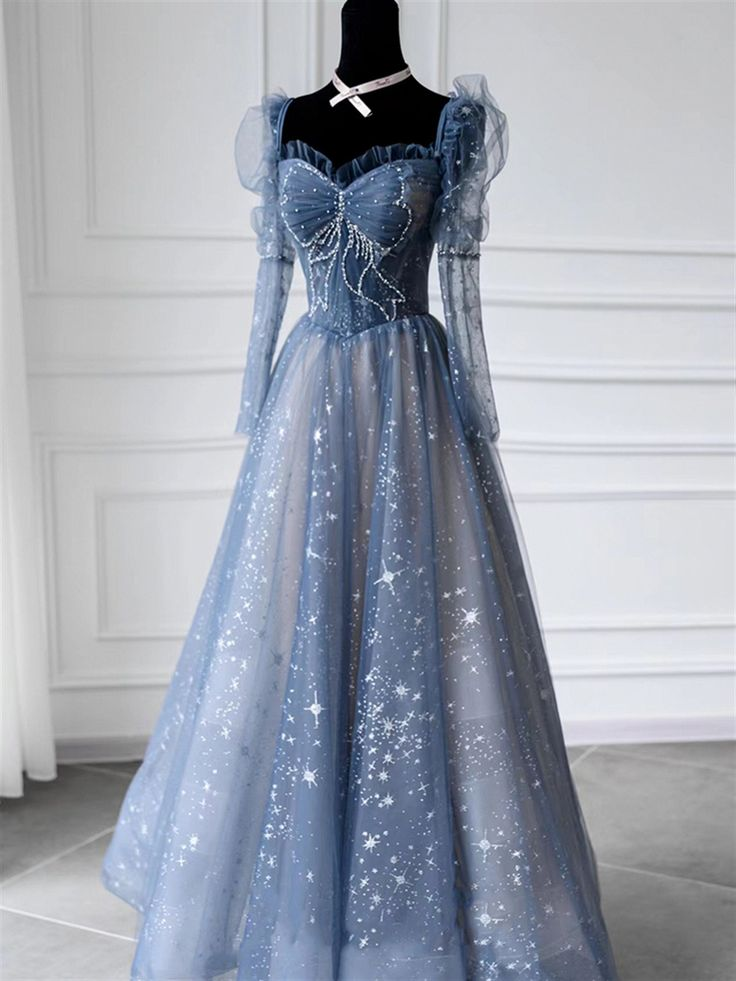 Elegant Blue Tulle Beaded Fairy Ball Gown Long Prom Dress Quinceanera Dress  SH1028