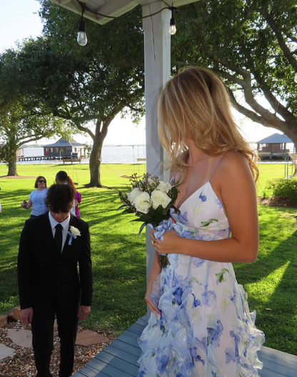 Classic Blue Floral Prom Dresses Long Evening Gown  SH962