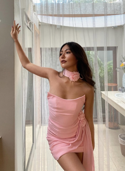 Elegant Sheath Strapless 3D Flower Pink Satin Chiffon Short Homecoming Dress SH2110