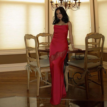 Sexy Satin Lace Splicing Long Evening Dress Yellow Prom Dress SH971