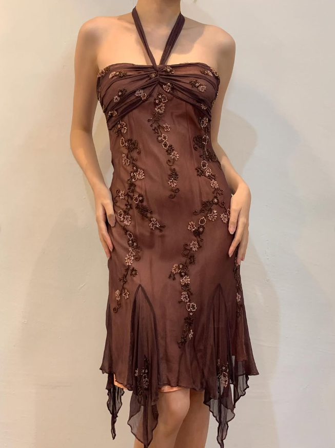 Vintage Sheath Halter Beaded Brown Chiffon Short Homecoming Dress Evening Dress SH2157
