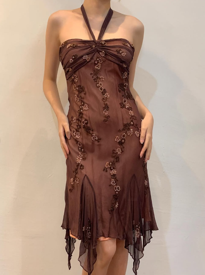 Vintage Sheath Halter Beaded Brown Chiffon Short Homecoming Dress Evening Dress SH2157