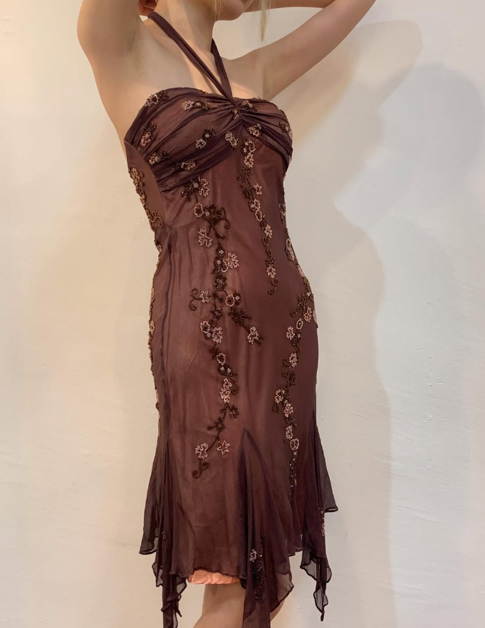 Vintage Sheath Halter Beaded Brown Chiffon Short Homecoming Dress Evening Dress SH2157