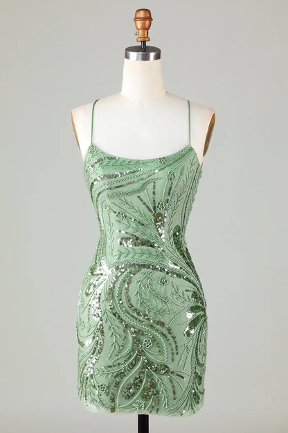 Chic Green Sequin Lace-up Design A-line Spaghetti Strap Tight Homecoming Dress TP3626