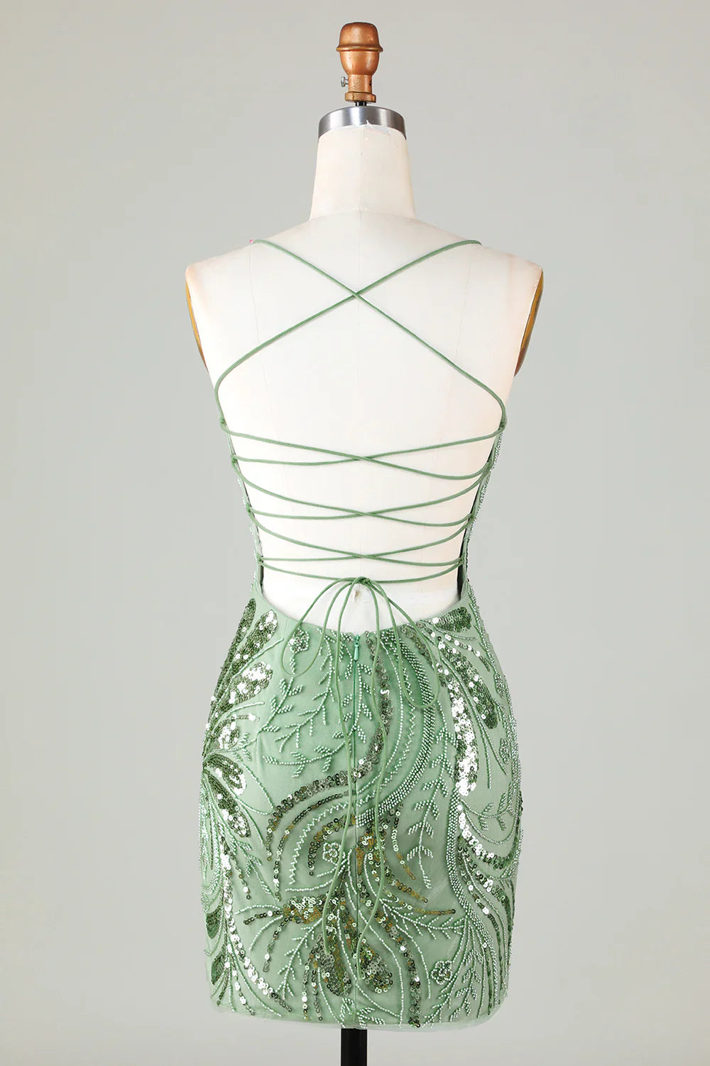 Chic Green Sequin Lace-up Design A-line Spaghetti Strap Tight Homecoming Dress TP3626