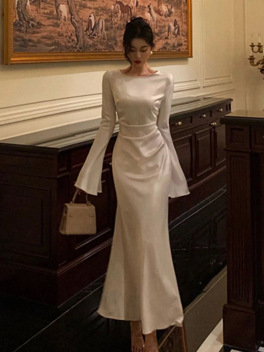 Vintage White Bell Sleeve Ruched Satin Mermaid Prom Dress Evening Dress SH1243