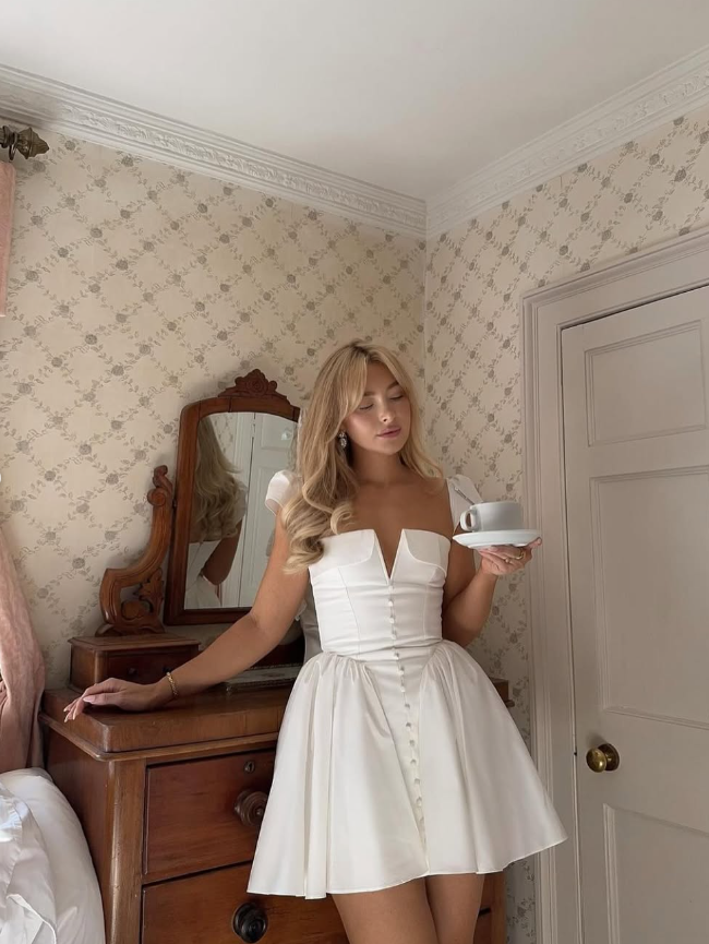 Princess A Line V Neck White Satin Short Homecoming Dress Birthday Dress SH2238