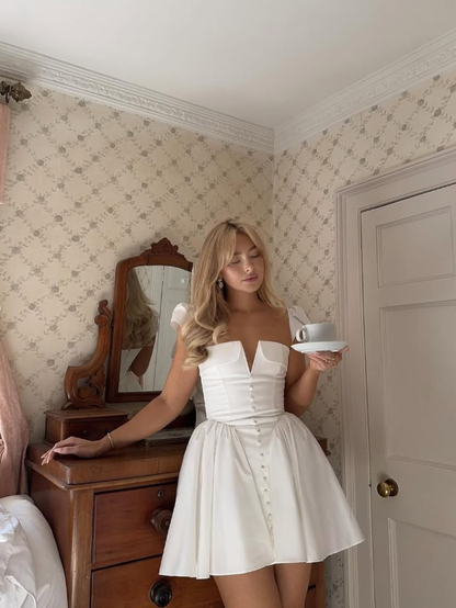 Princess A Line V Neck White Satin Short Homecoming Dress Birthday Dress SH2238