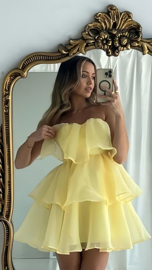 Yellow Organza Ruffle Homecoming Dress Mini Party Dresses,AST1823