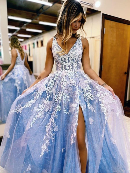 Shiny Blue Tulle Appliques Slit Prom Dress Evening Dress SH997
